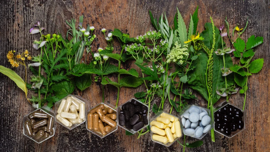 a group of supplements next to plants