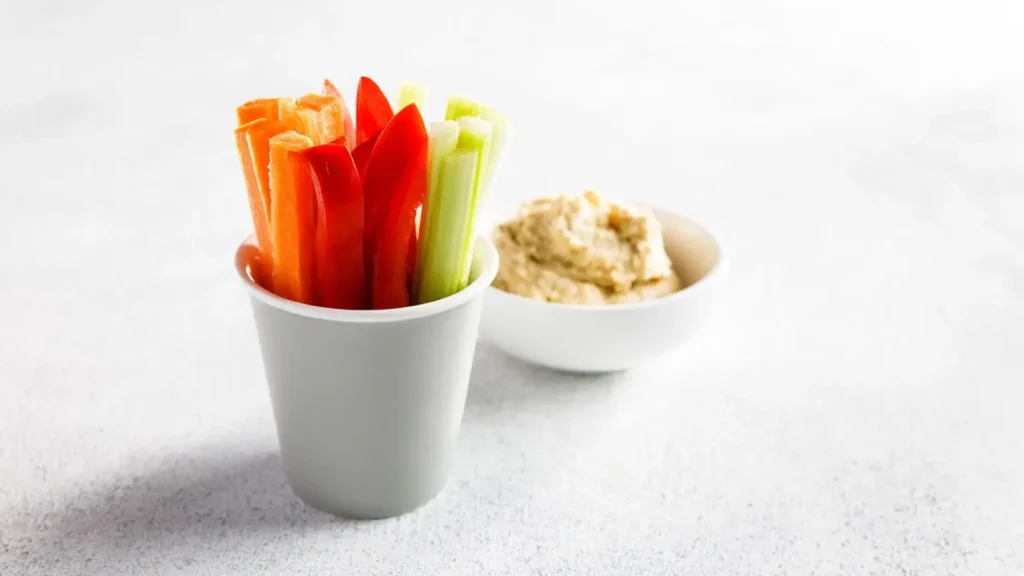 healthy office snack Vegetable sticks and hummus